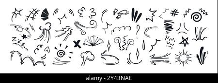 Anime Emotion Effects Set. Linienbewegungselemente, komische emotionale Symbole. Handgezeichnete, süße Kritzelbetonung, Ausdruckszeichen, Aktionslinien, Ausrufezeichen. Manga-Cartoon-Boom explodiert, Bombenexplosion Stock Vektor