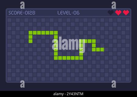 Schlangenspiel. Digitale Schlangen mobile App Pixel Gaming Retro Telefon, Handy Display Spaß Spiel Bildschirm geometrische Form minimales Puzzle altes Telefon 2D ui, geniale Vektor Illustration Original Artwork Stock Vektor