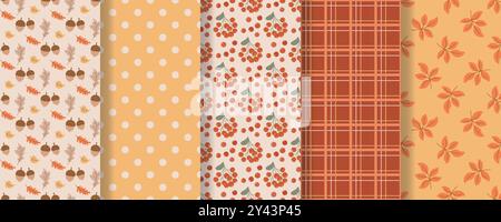 Kuscheliges, nahtloses Herbstmuster. Herbsthintergründe mit Eicheln, vogelbeeren, Blättern, kariert und gepunktet. Kollektion mit herbstlichem Muster für Textilien Stock Vektor
