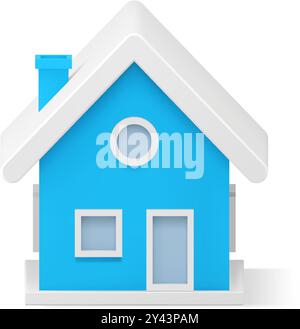 Nettes blaues Landhaus mit Fenstern, Tür und Kamin Weihnachtsspielzeug dekoratives Design isometrische Vektorillustration. Magische Gemütlichkeit winte Stock Vektor