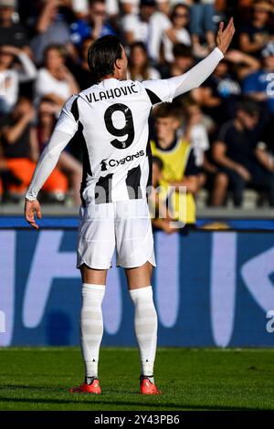 Dusan Vlahovic von Juventus FC Gesten während des Fußballspiels der Serie A zwischen Empoli FC und Juventus FC im Carlo Castellani Stadion in Empoli (Italien), 14. September 2024. Stockfoto