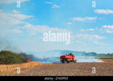 Vintage Feuerwehrauto im Feld während des Sommerflusses, selektiver Fokus Stockfoto