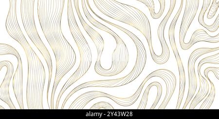 Vektorlinie Vektor Wellenmuster, Topographie grafische Kontur Gold Hintergrund. Bänder, Streifen, Geländestruktur. Kurvenformen, organische Illustration. Stock Vektor