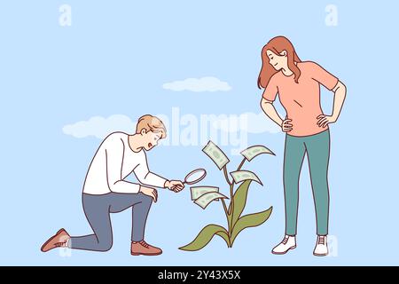 Familieninvestitionen von Mann und Frau, die gemeinsam Geld bauen, um für die Flitterwochen zu sparen oder Immobilien zu kaufen. Ehegatten investieren in Familienanlagen, um finanzielle Freiheit und Schuldenfreiheit zu erreichen. Stock Vektor