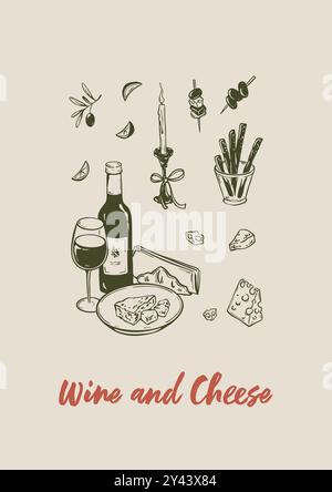 Minimalistisches, handgezeichnetes vertikales a4-Poster mit Wein und Käse. Skizzierte Vektordarstellung. Restaurant, Bar, Einladungsmenü. Brunch, Mittagessen, Picknick Stock Vektor