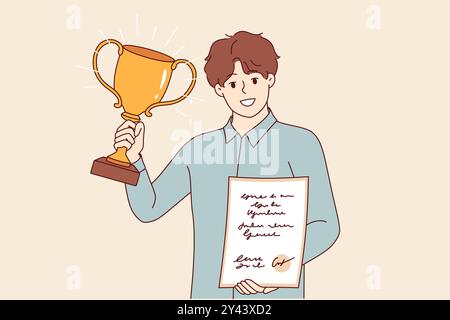 Trophäen in Händen eines Mannes mit Zertifikat und Goldbecher, die für professionelle oder sportliche Leistungen erhalten wurden. Guy zeigt Trophäen, die eine Überlegenheit gegenüber Wettbewerbern und Arbeitskollegen beweisen Stock Vektor