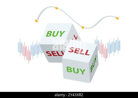 Isometrische Würfel zur Anzeige von Kauf- oder Verkaufsentscheidungen. Das Konzept der Unvorhersehbarkeit in der Zukunft der Börse, Investitionsentscheidung. Prognose von Stock Vektor