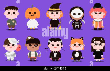 Niedliche Kinder in Halloween Kostümen auf lila Hintergrund. Vektor-Illustrationen im Cartoon-Stil. Stock Vektor