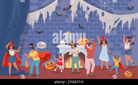 Glückliche Leute, die die halloween-Party-Szene genießen Stock Vektor