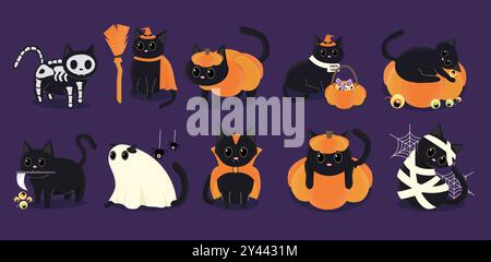 Niedliche schwarze Katzen in Halloween-Kostümen mit Kürbissen und gruseligen Dekorationen auf lila Hintergrund Stock Vektor