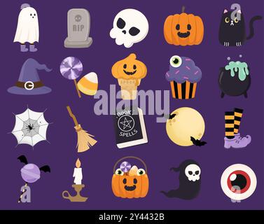 Buntes Halloween-Icons-Set mit Kürbissen, Geistern, Hexen und Spooky-Elementen auf lila Hintergrund Stock Vektor