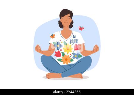 Meditierende Frau sitzt in Yoga-Lotusposition und fühlt psychischen Komfort und Blumen in der Seele Stock Vektor