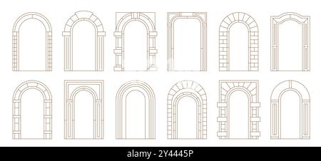 Boho-Bogentürrahmen mit Vektorumrandungen aus minimalen Kunstornamenten. Bögen im Retro-Stil mit Art-déco-Säulen und gemauertem Muster. Ästhetische Bohemian Bogenrahmen, Boho-Innenelement Stock Vektor