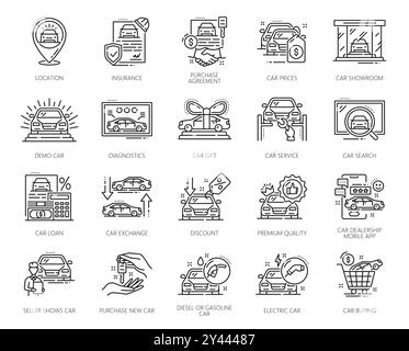 Händlerliniensymbole des Autohändlers, des Verkaufs- und Mietservice von Fahrzeugen, Umrissvektor. Piktogramme des Autohändlers für den Ausstellungsraum, die Autodiagnose und den Kauf oder die Miete von Fahrzeugen Stock Vektor