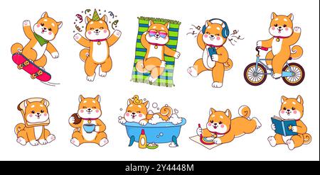 japanische Kawaii shiba inu Charaktere, süße Hundefiguren. Vector shiba inu Haustiere, braune Hunde und Welpen trinken Kaffee, Fahrrad fahren und Skateboard fahren, Musik hören und tanzen Stock Vektor