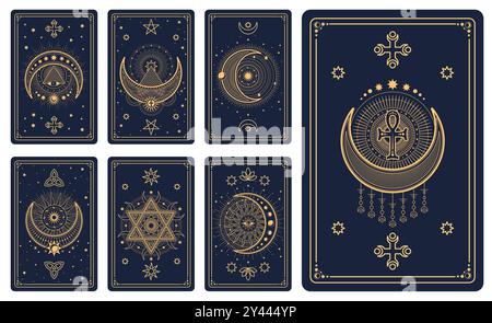 Magische okkulte Tarotkarten mit esoterischen Symbolen für Astrologie und Wahrsagung, Vektor-Reverse-Decks. Tarotkarten mystische magische Zeichen von Sonne und Mond, Ankh-Kreuz mit mauerpyramide und Pentagrammen Stock Vektor