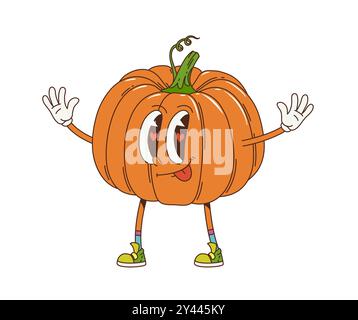 Cartoon grooviger Kürbisgemüse Charakter, Vektor Retro funky Comic. Grooviger lustiger Kürbis mit albernem Gesicht und Liebe Herzen in den Augen oder Zunge aus und umarmen die Hände für Gemüsekost-Emoji-Charakter Stock Vektor