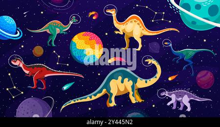 Dinosaurier-Astronauten im Weltraum, umgeben von Sternen, Planeten, Sternbildern und Kometen. Cartoon Vektor-Dino-Charaktere in Helmen, verspielte fantasievolle prähistorische Kreaturen, die das Universum erkunden Stock Vektor