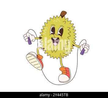 Retro-Cartoon-groovige Dura-Fruchtfigur mit fröhlichem Ausdruck, mit Sneakers und Sprungseilen. Isolierte Vektorgrün, gesunde tropische Jackfrucht strahlt eine lustige, energische und nostalgische Atmosphäre aus Stock Vektor