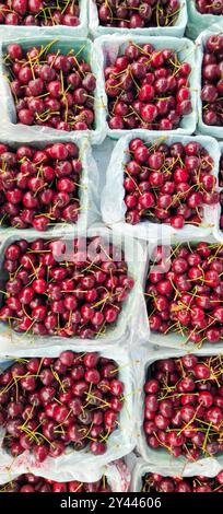 Baskets of fresh, dark red cherries displayed at a market stall Stockfoto
