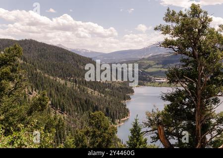 Ein bewaldeter Berghang mit Blick auf einen ruhigen See mit weit entfernten Gipfeln Stockfoto