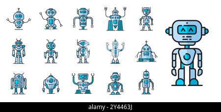 Farbroboterlinie und Kontursymbole von Cartoon-Spielzeug Cyborg oder Roboter-android-Bot, Vektorfiguren. Retro-Roboter mit mechanischen Armen und Gesichtsdisplay, Cyber-Maschine oder Space Alien auf Rädern Stock Vektor