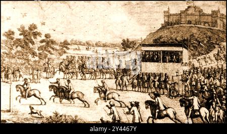 Alte Gravur, die den letzten Pferderennlauf vor König Karl II. Am 24. August 1684 bei der Fähre (Dorsett oder Datchet) in der Nähe von Windsor Castle, Großbritannien, zeigt Stockfoto