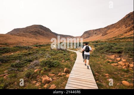 Menschen wandern auf Wanderwegen in Tablelands im Gros Morne Park, Neufundland. Stockfoto