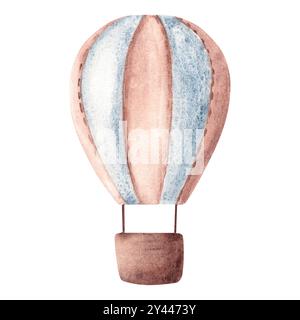 Heißluftballon. Aquarell Kinder Hand gezeichnete Illustration in Pastellblau und braun Farben isoliert auf weißem Hintergrund. Vintage-Style. Konstruktionselement Stockfoto