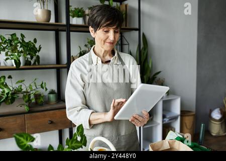 Die Frau kümmert sich um ihre Zimmerpflanzen, während sie ihr Tablet im Studio überprüft. Stockfoto