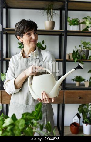 Eine fröhliche Gärtnerin kümmert sich drinnen um ihre üppig grünen Pflanzen. Stockfoto