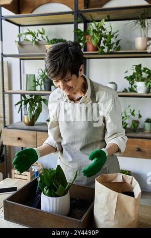 Eine Frau pflegt fröhlich ihre Pflanzen, während sie Gartenhandschuhe trägt. Stockfoto