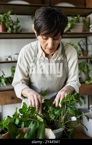 Eine Frau pflegt liebevoll ihre blühenden Pflanzen in einem hellen Atelier. Stockfoto