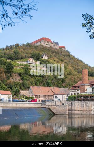 Malerischer Blick über das Unstrut-Wehr bei Freyburg in Richtung Schloss Neuenburg im Burgenlandkreis Sachsen-Anhalt, Deutschland, Europa Stockfoto