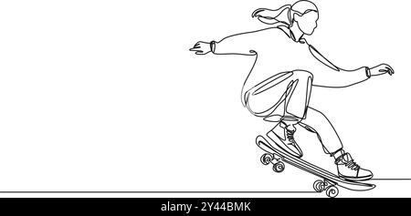 Durchgehende einzeilige Zeichnung der weiblichen Skateboardin auf Skateboard, Linie Art Vektor Illustration Stock Vektor