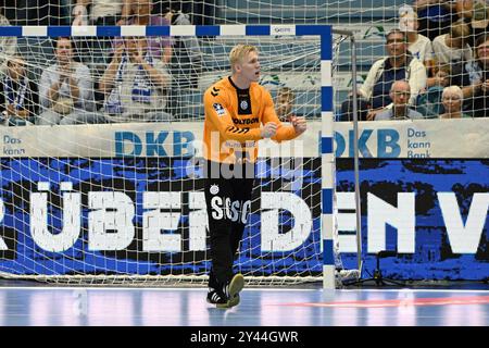 Bertram Obling (VfL Gummersbach 16) jubelt VfL Gummersbach gegen TBV Lemgo Lippe, Handball, Daikin 1. Bundesliga, 2. Spieltag, Spielzeit 2024-2025, Schwalbe Arena Gummersbach, 15,09.2024 Foto: Eibner-Pressefoto/Jürgen Augst Stockfoto