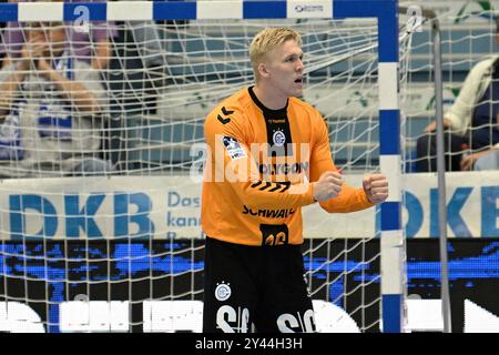 Bertram Obling (VfL Gummersbach 16) jubelt VfL Gummersbach gegen TBV Lemgo Lippe, Handball, Daikin 1. Bundesliga, 2. Spieltag, Spielzeit 2024-2025, Schwalbe Arena Gummersbach, 15,09.2024 Foto: Eibner-Pressefoto/Jürgen Augst Stockfoto