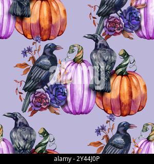 Kürbisse in Aquarellen, Blumen, Raben, Krähe. Herbst Hintergrund Herbst Herbst Halloween nahtlose Muster Stockfoto