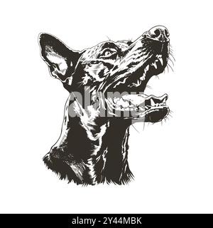 Detaillierter Schwarz-weiß-Vektor des Doberman-Kopfes isoliert. Perfekt für Drucke, Bekleidung und Embleme. Kontraststarker Grunge-Style. Stock Vektor