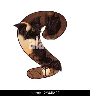 Letter S Halloween-Kritzelillustration mit Fledermaus und Mond im Cartoon-Stil. Handgezeichnetes dunkelbraunes Alphabet. Isolierte Zeichnung perfekt für Herbstschriftarten Stockfoto