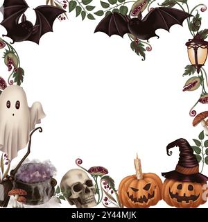 Quadratischer Halloween-Rahmen mit niedlichem Geist und anderen gruseligen Charakteren im Cartoon-Stil. Handgezeichnete dunkle Illustration. Isolierte Zeichnung perfekt für den Herbst Stockfoto