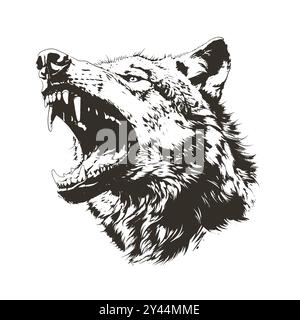 Detaillierter schwarz-weißer Vektor des brüllenden Wolfkopfes isoliert. Perfekt für Drucke, Bekleidung und Embleme. Kontraststarker Grunge-Style. Die Grafik mit wildem Raubtier erfasst raue Energie und Gefahren. Stock Vektor