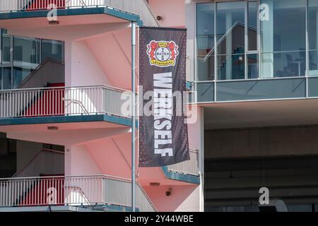 15.09.2024, Fussball: Google Pixel Frauen-Bundesliga, Saison 2024/2025, 03. Spieltag, Bayer 04 Leverkusen - Eintracht Frankfurt im Ulrich-Haberland-Stadion in Leverkusen. Eine Flagge der Werkself. Wichtiger Hinweis: Gemaess den Vorgaben der DFL Deutsche Fussball Liga bzw. Des DFB Deutscher Fussball-Bund ist es untersagt, in dem Stadion und/oder vom Spiel angefertigte Fotoaufnahmen in Form von Sequenzbildern und/oder videoaehnlichen Fotostrecken zu verwerten bzw. Verwerten zu lassen. Foto: Kirchner-Media/TH Stockfoto