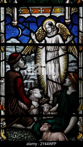 Angel Gabriel besucht die Hirten, die ihre Schafe bewachten. Geburt Jesu. Dargestellt in einem viktorianischen Kirchenfenster. Stockfoto