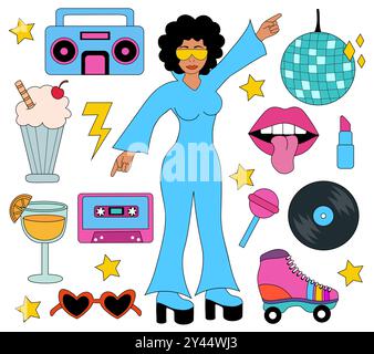 Set aus Retro-Elementen der 80er Jahre. Afro-Frau in Overall und Sonnenbrille tanzen. Vintage-Audioplayer, Musikaufnahme, Milchshake, Orangencocktail, Rollschuhlaufen Stock Vektor