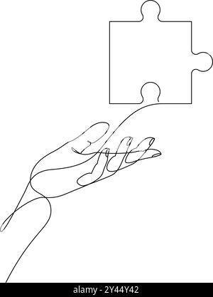 Durchgehende, einzeilige Zeichnung eines Puzzles mit menschlicher Hand. Puzzlesymbol auf der Hand. Geschäftsmetapher, Problemlösungskonzept. Vektorillustra Stock Vektor