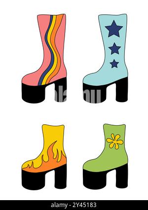 Set mit trendigen Disco-Stiefeln im Retro-Stil 1980. Kollektion Vintage-Schuhe mit unterschiedlichem Design. Illustration der Vektorabwicklung. Stock Vektor