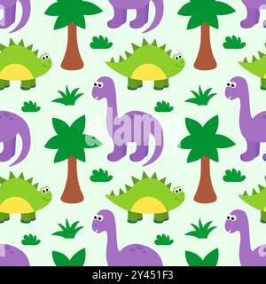Nahtloses Muster mit niedlichen Dinosauriern für Babys. Handgezeichneter Brontosaurus und Stegosaurus. Flache Zeichentrickvektorillustration Stock Vektor