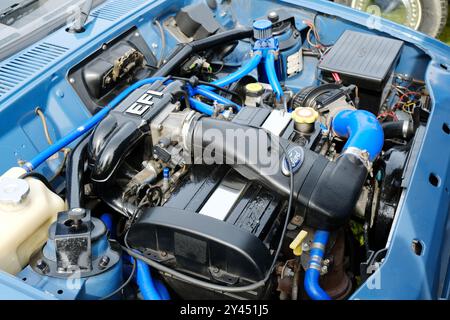 Nahaufnahme des Motors eines 1985, 1117 ccm Ford Fiesta - John Gollop Stockfoto