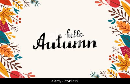 Rechteckiger Herbstrahmen mit SCHRIFTZUG HELLO HERBST. Herbstlaub-Rahmen im Doodle-Stil. Zeichentrickdarstellung Stock Vektor